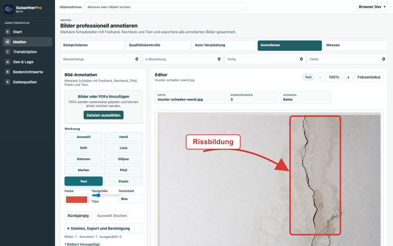 Aktueller Annotationsbereich in GutachterPro