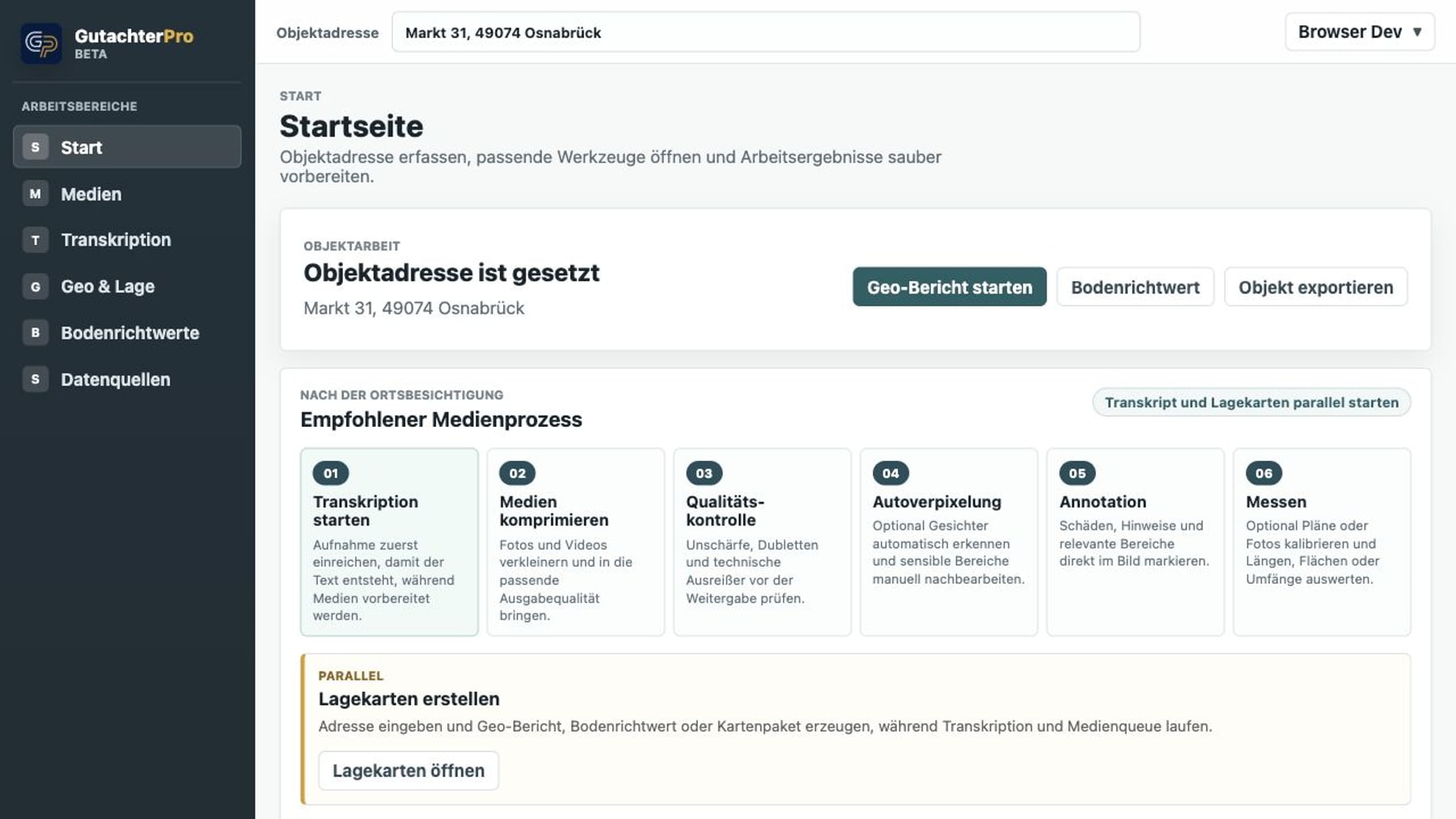Aktuelles Dashboard in GutachterPro