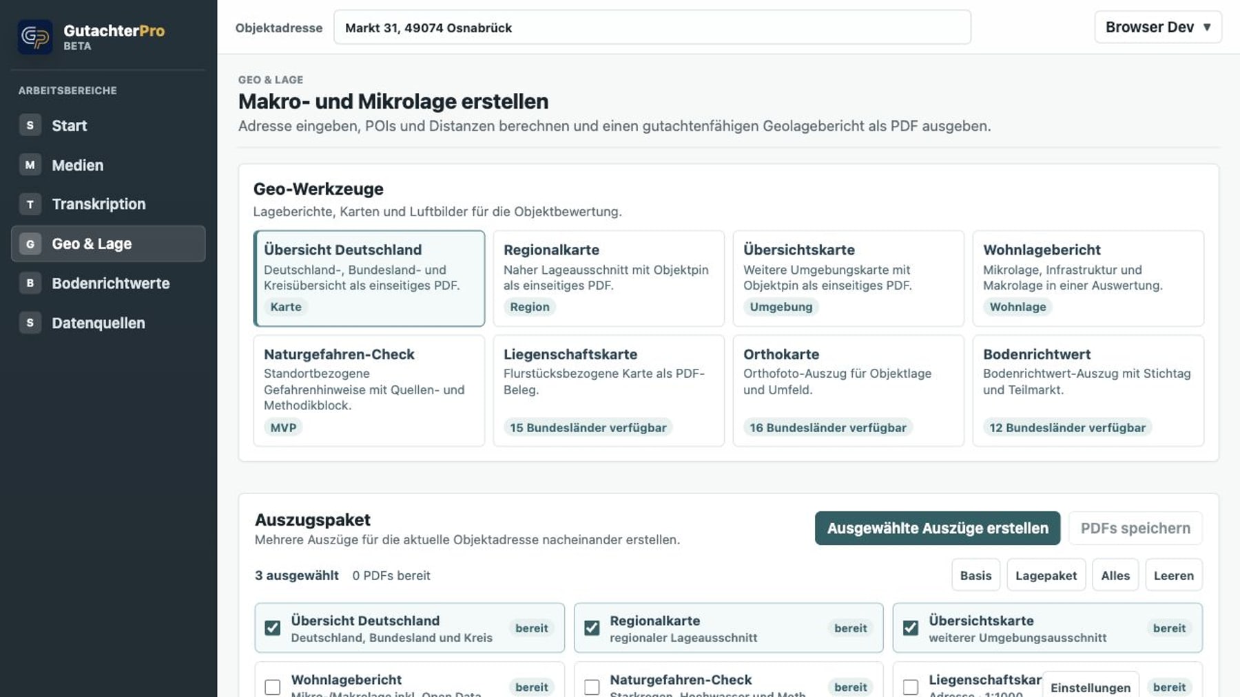 Aktueller Geo- und Lage-Arbeitsbereich in GutachterPro
