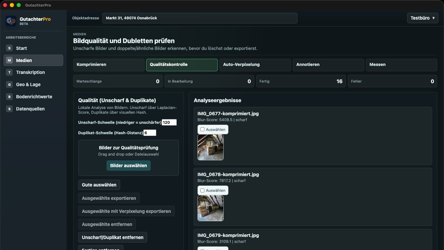 Qualitätskontrolle für doppelte und unscharfe Bilder in GutachterPro