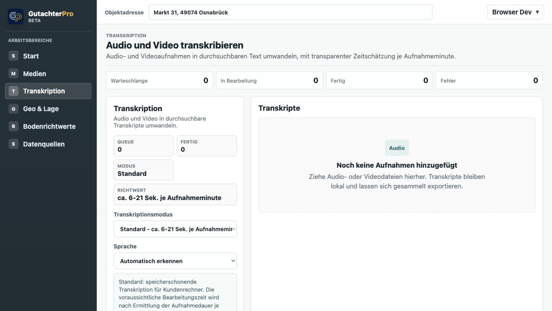 Aktueller Transkriptionsbereich in GutachterPro