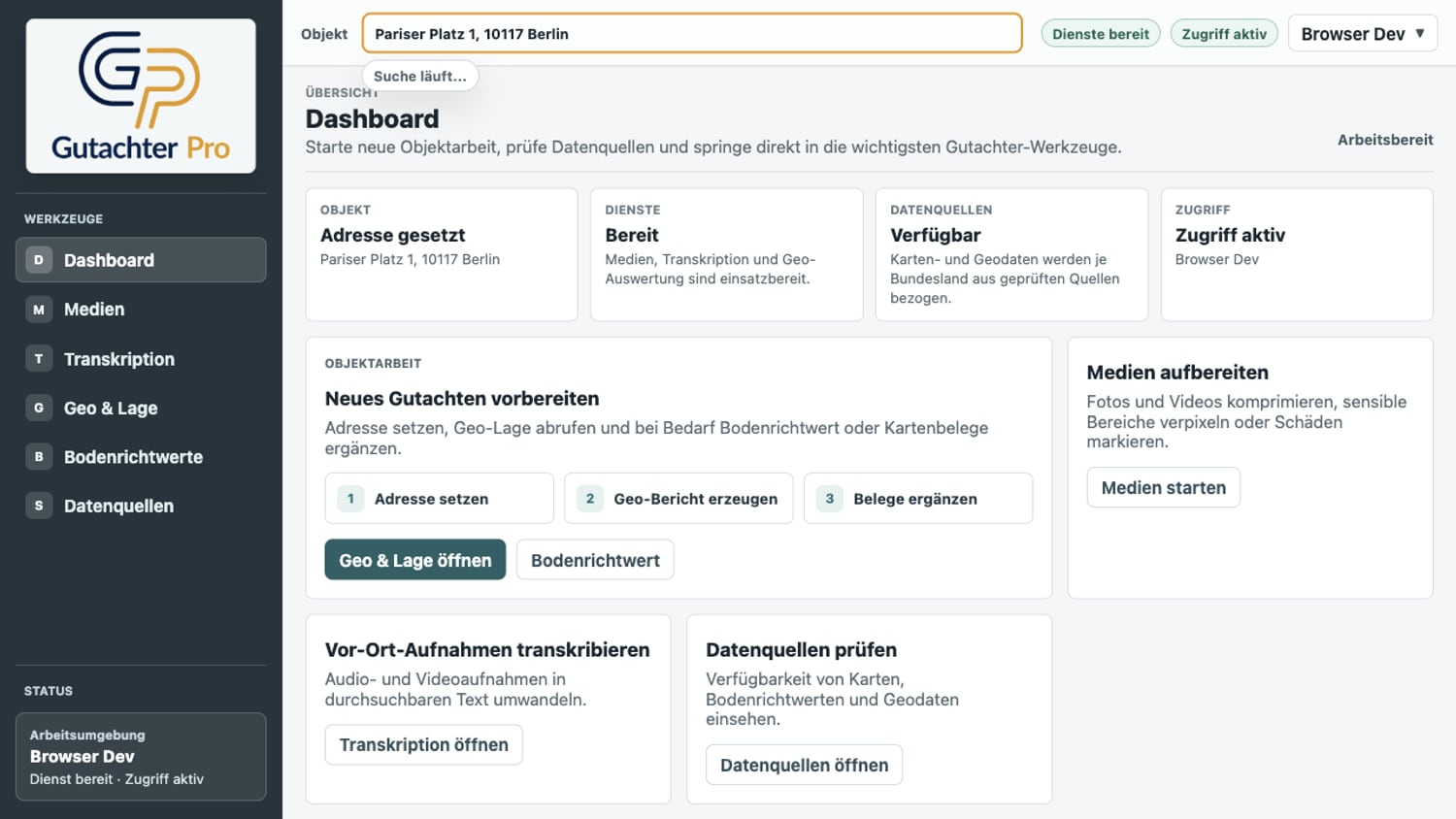 Dashboard der GutachterPro Desktop-App mit öffentlicher Beispieladresse Pariser Platz 1, Berlin